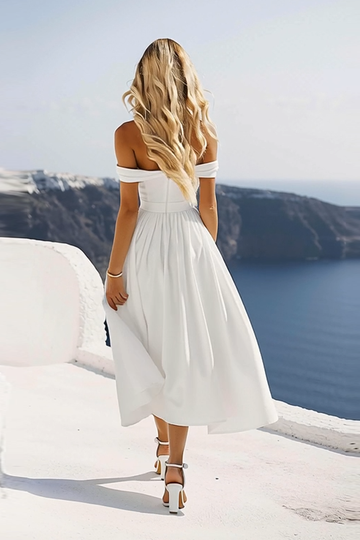 White Off the Shoulder A Line Graduation Dress